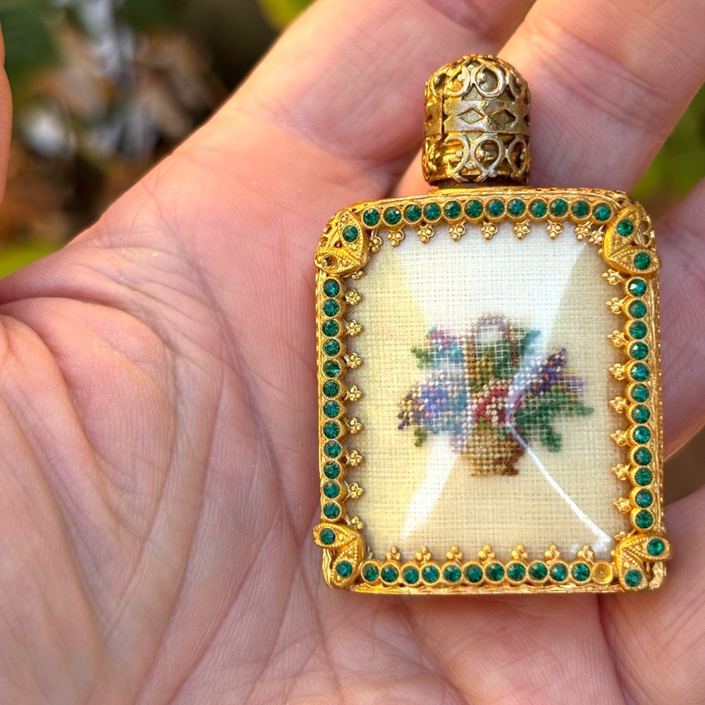 Brass Filigree Perfume Bottle Austria Pompadour Embroidery Petit Point Miniature